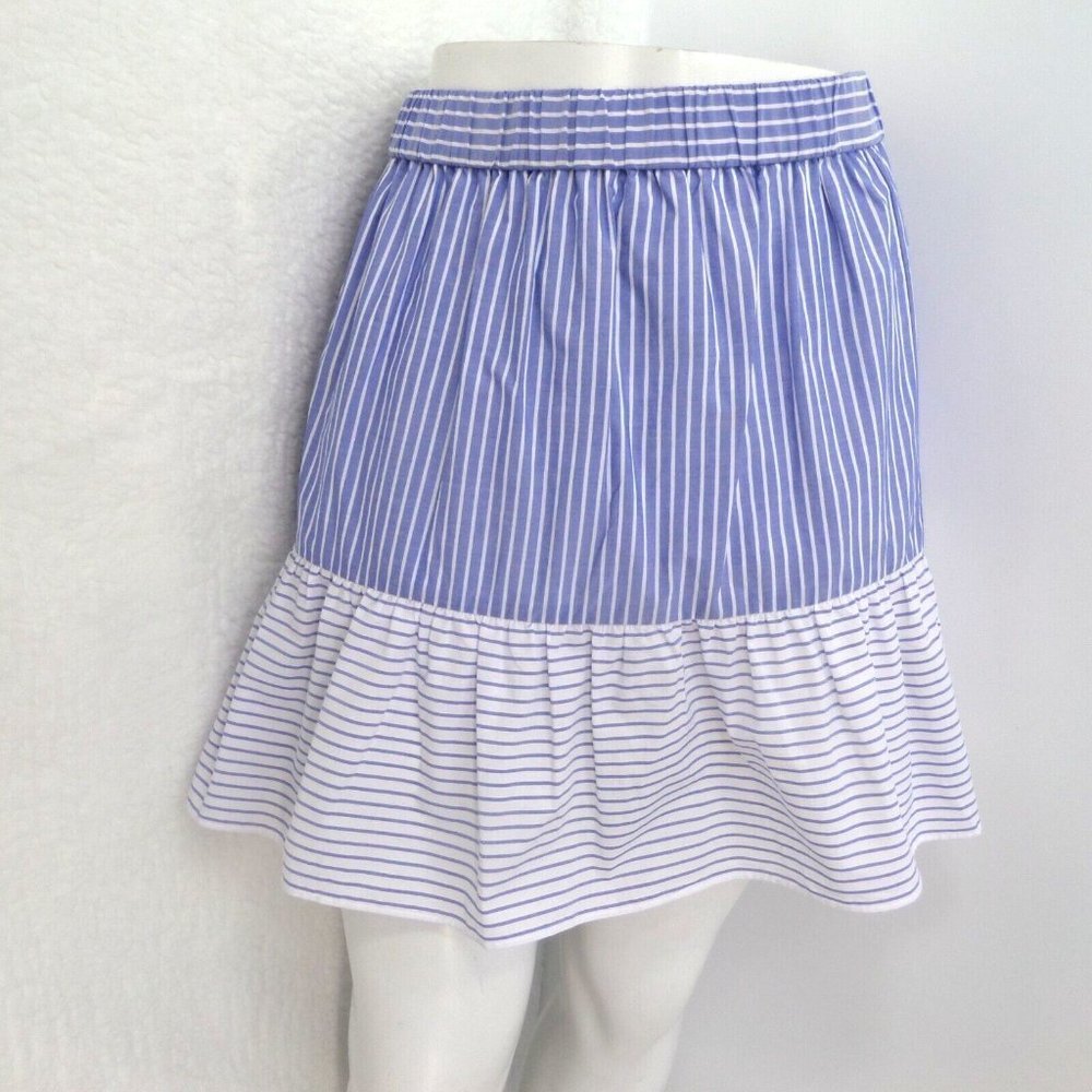 * "LOFT" BLUE & WHITE STRIPED RUFFLED HEM CASUAL COTTON MINI SKIRT SIZE: L NWT - Picture 1 of 5